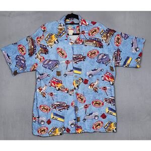 REYN SPOONER Hawaiian Shirt Mens Large Blue Classic Cars The Wonder Gas Route 66